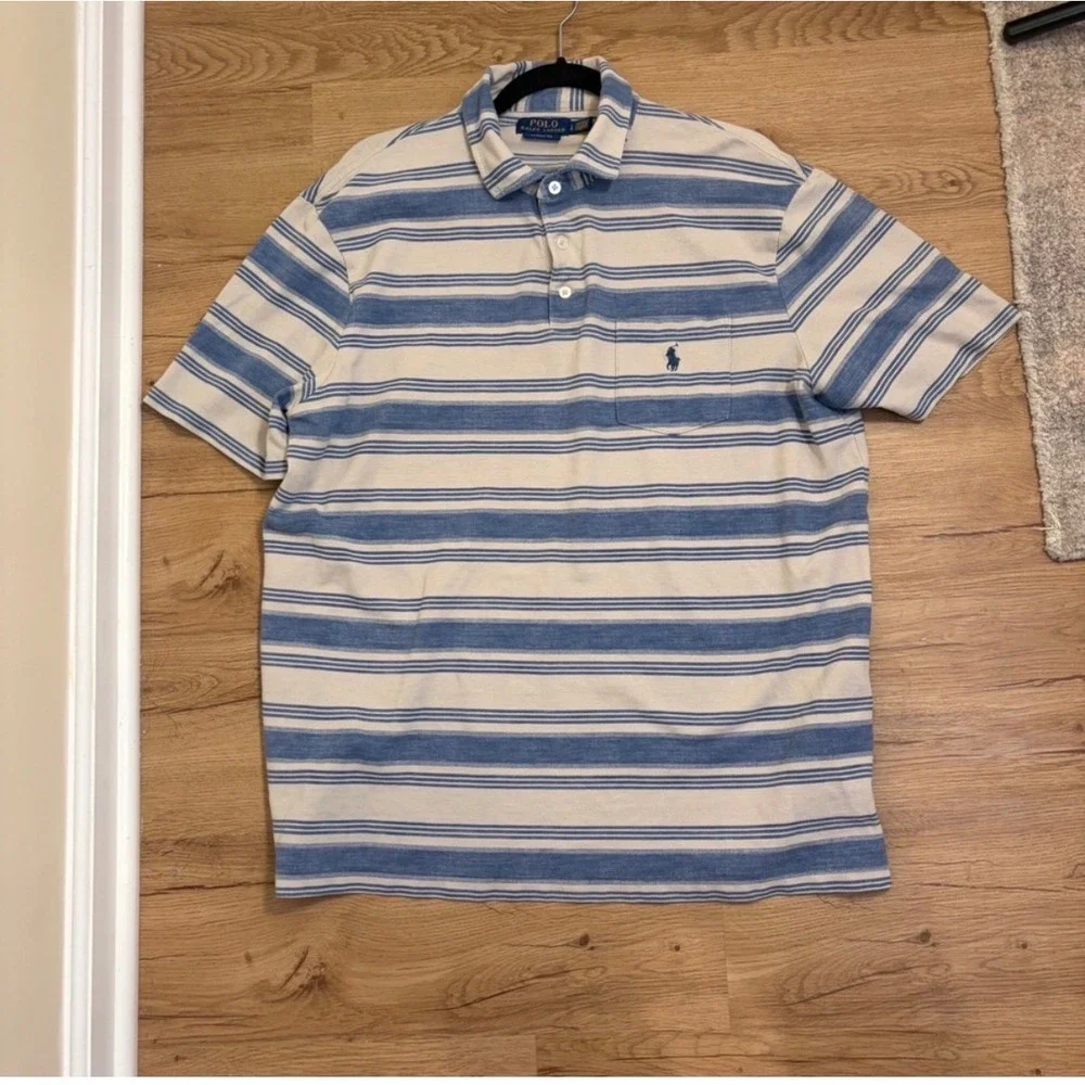 Polo Ralph Lauren Polo Mens L Blue Stripe Classic Fit Pocket Pony Short Sleeve